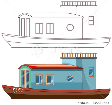 Colorful Houseboat Side View with Outline Comparison 135310663