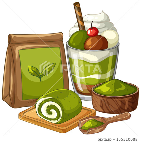 Matcha Green Tea Dessert Set with Parfait and Swiss Roll Matcha Green Tea Dessert Set with Parfait and Swiss Roll 135310688