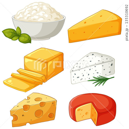 Assorted Dairy Products and Cheese Varieties Vector Illustration Set 135310692