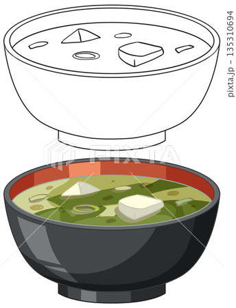 Japanese Miso Soup Bowl Vector Illustration in Color and Line Art Japanese Miso Soup Bowl Vector Illustration in Color and Line Art 135310694
