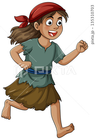 Cheerful Young Girl Running in Ragged Clothes Cheerful Young Girl Running in Ragged Clothes 135310703