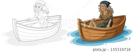 Elderly Woman Rowing Wooden Boat on Calm Water Elderly Woman Rowing Wooden Boat on Calm Water 135310716