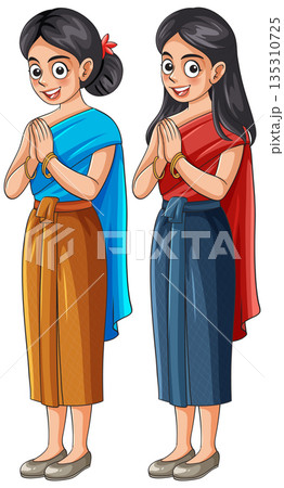 Two Women in Traditional Thai Dress with Greeting Gesture Two Women in Traditional Thai Dress with Greeting Gesture 135310725