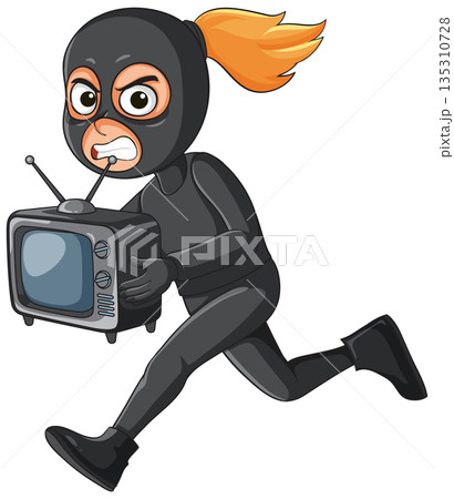 Female Burglar Running With Stolen Television Cartoon Female Burglar Running With Stolen Television Cartoon 135310728
