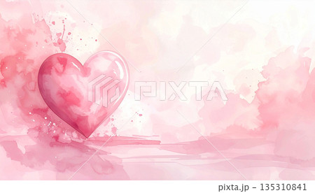 水彩で描いたピンクのハートとピンク色の背景 135310841
