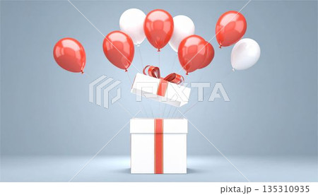 開いたギフトボックスから飛び出す赤い風船。お祝い、サプライズ、バレンタインの背景素材 135310935