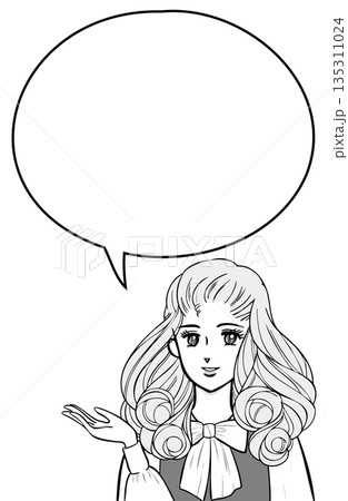 昭和の少女マンガ風・紹介する女性 モノクロ 135311024