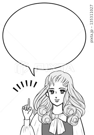 昭和の少女マンガ風・説明する女性 モノクロ 135311027