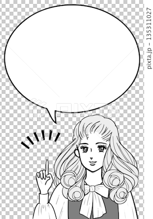 昭和の少女マンガ風・説明する女性 モノクロ 135311027