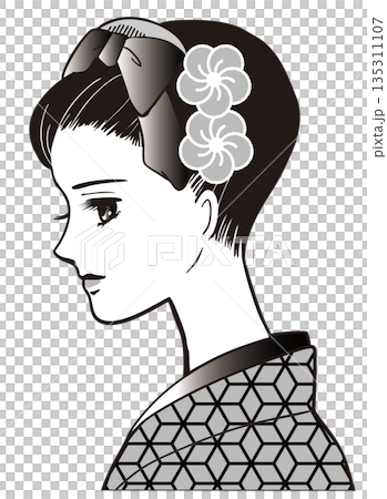 昭和時代少女漫畫風格,身著和服、頭戴梅花髮飾的女子,單色 昭和時代少女漫畫風格,身著和服、頭戴梅花髮飾的女子,單色 135311107