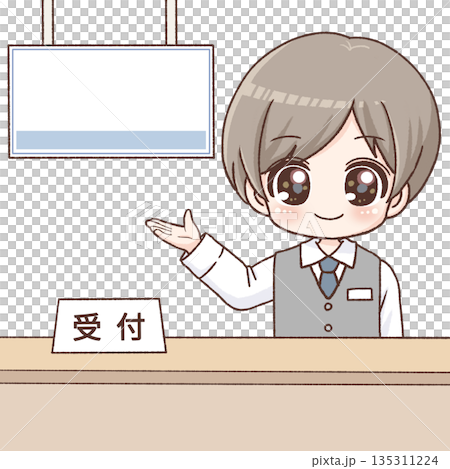 Illustration of a male staff member giving instructions at the reception desk 135311224