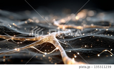 Luminous neuron transmitting electrical signals, forming intricate neural network for brain communication and cognitive processing 135311239