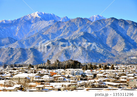 長野県大町市大町より餓鬼岳、唐沢岳方面を望む(長野県大町市)【2026.1】 135311296