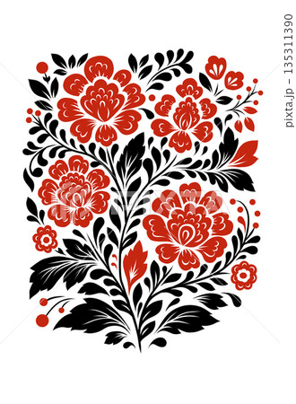 Vector monochrome slavic decorative floral card. Black silhouette of tracery ornament with red flowers on white background 135311390