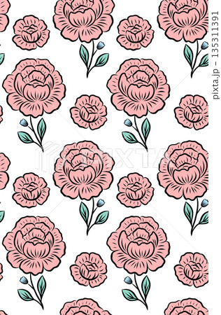 A festive seamless wedding pattern with sketch peonies. A rococo texture with hand-drawn flowers. Bloom background 135311391