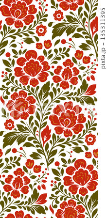 Vector decorative seamless floral pattern. Blossom texture. Slavic ornament with red flowers on white background Vector decorative seamless floral pattern. Blossom texture. Slavic ornament with red flowers on white background 135311395
