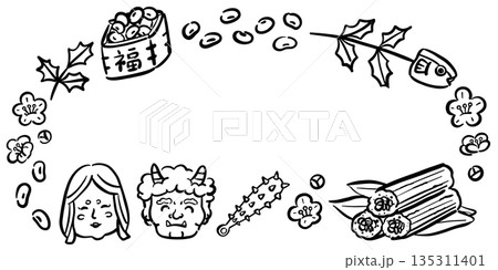 かわいい節分のイラストフレーム　線画 135311401