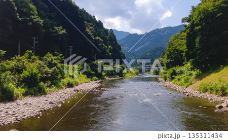 日本の山間部の川の風景 135311434