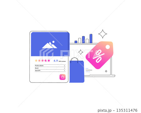Discount sale promotion features percentage off tag shopping bag analytics chart product card e-commerce marketing offer technology business growth success concept isolated outline vector illustration 135311476
