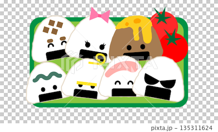 お弁当箱に入ったいろいろな具材のおにぎりイラスト お弁当箱に入ったいろいろな具材のおにぎりイラスト 135311624