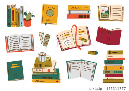 Set of book doodles for reading and study, vector flat cartoon illustration collection in cozy style. Open books, stacks and shelves for hobby, self time and interior themes, education, libraries 135311777