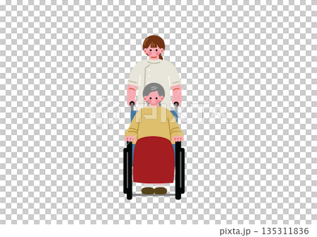 車椅子に乗るシニア女性と車椅子を押す介護士女性 135311836