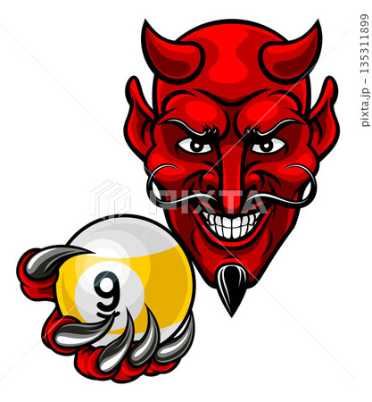 Devil and 9 Ball Nine Ball Pool Cartoon Mascot Devil and 9 Ball Nine Ball Pool Cartoon Mascot 135311899