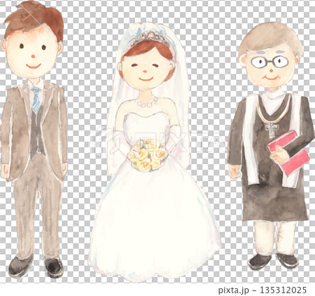 新郎新婦と神父の水彩イラスト　ベクター 135312025