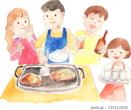 手作りの料理でパーティーをする人々のイラスト　ベクター 135312026