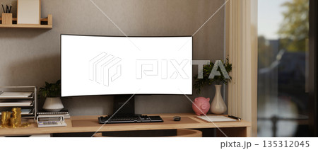 White screen computer with calculator, gold coins and piggy bank on table in bedroom or living room. White screen computer with calculator, gold coins and piggy bank on table in bedroom or living room. 135312045