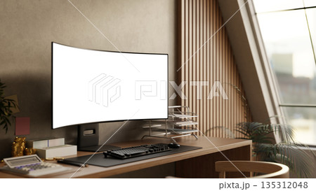 White screen computer with calculator gold coin and banknote on wood table in room with slope window White screen computer with calculator gold coin and banknote on wood table in room with slope window 135312048