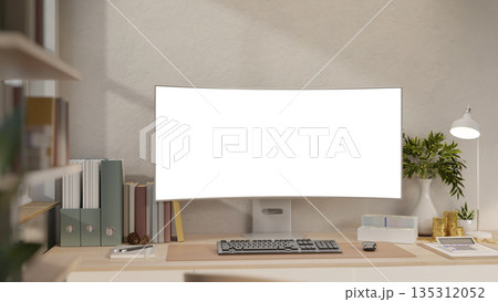 White screen computer with calculator, gold coins and lamp on wooden table in working or study room. White screen computer with calculator, gold coins and lamp on wooden table in working or study room. 135312052
