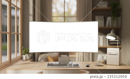 Blank screen computer with coffee and calendar aside lamp on wooden table in working or study room. Blank screen computer with coffee and calendar aside lamp on wooden table in working or study room. 135312059