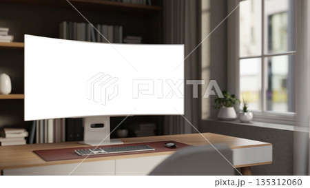 White screen computer with coffee and calendar aside lamp on wooden table in a working or study room White screen computer with coffee and calendar aside lamp on wooden table in a working or study room 135312060