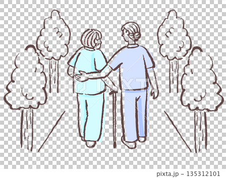 Illustration of a senior walking with care staff and assistance from the rear 135312101