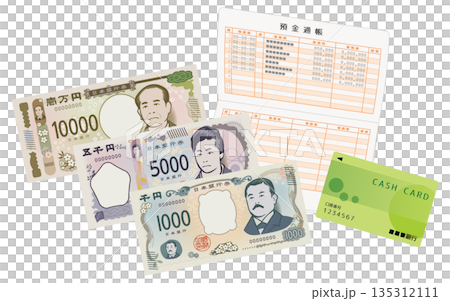 開いている預金通帳とカードと新紙幣のイメージイラスト 開いている預金通帳とカードと新紙幣のイメージイラスト 135312111