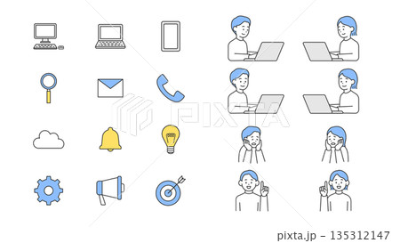 ビジネス用のアイコンと人物イラストセット　ベクター 135312147