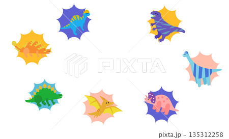恐竜がポップな吹き出し風デザインで並んだかわいいイラストセット 135312258