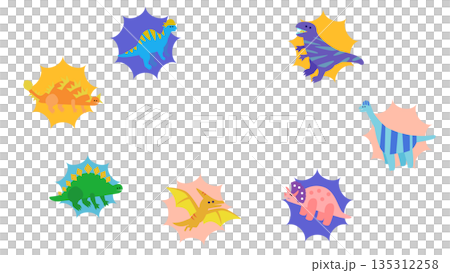 恐竜がポップな吹き出し風デザインで並んだかわいいイラストセット 135312258