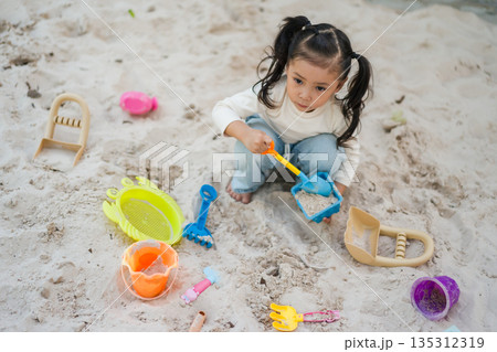 happy child girl playing sand with toy on playground happy child girl playing sand with toy on playground 135312319