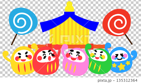 夏日祭典插畫，可愛的達摩不倒翁人物站在祭典攤位旁 135312364