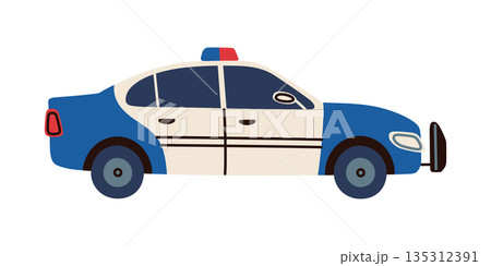 Cartoon police car for urban transport theme, vector flat cartoon illustration in friendly style. City service vehicle for kids education, traffic safety, apps, learning materials and city scenes Cartoon police car for urban transport theme, vector flat cartoon illustration in friendly style. City service vehicle for kids education, traffic safety, apps, learning materials and city scenes 135312391