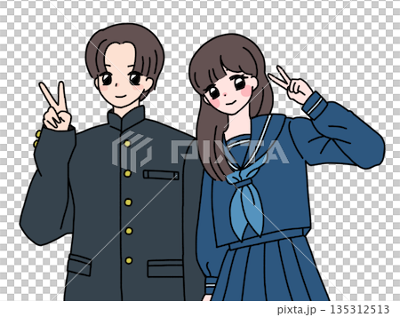 Illustration of male and female students wearing uniforms making peace signs Student image Illustration of male and female students wearing uniforms making peace signs Student image 135312513