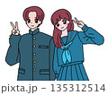 制服を着てピースをする学生男女のイラスト 学生イメージ レトロカラー 135312514