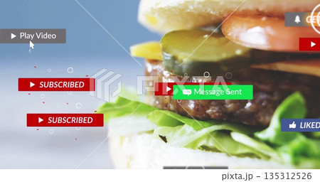 Showing stacked burger with pickles, tomato, cheese in studio with UI overlays, copy space 135312526