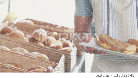 Attendant wearing apron presenting sandwich on plate at counter, with woven basket rack, copy space 135312549