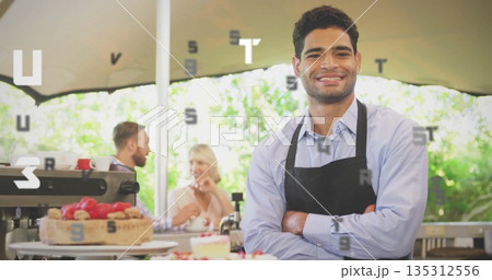 Smiling barista wearing apron greeting couple at cafe patio, with espresso machine, copy space Smiling barista wearing apron greeting couple at cafe patio, with espresso machine, copy space 135312556