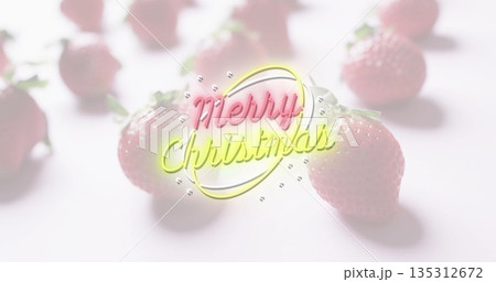 Displaying neon Merry Christmas sign glowing amid fresh strawberries in studio, with festive theme Displaying neon Merry Christmas sign glowing amid fresh strawberries in studio, with festive theme 135312672
