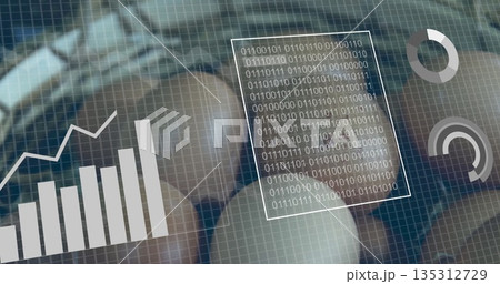 Displaying bar chart trend line, binary code panel and circular gauges on interface grid overlay Displaying bar chart trend line, binary code panel and circular gauges on interface grid overlay 135312729