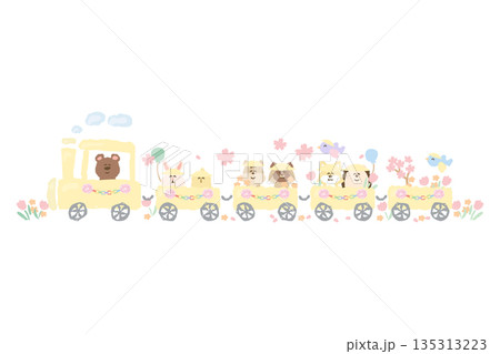 ふんわり春色 卒園・入園シリーズ｜校帽をかぶった動物列車イラスト素材 135313223